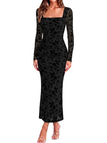 BerryGo Womens Floral Print Mesh Midi Dress Square Neck Long Sleeve Bodycon Ruched Fall Cocktail Party Wedding Guest Dresses(Black S)