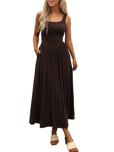 Mieazom Women's Summer Maxi Dress 2026 - Sleeveless Square Neck Casual Beach Sundress with Pockets, Flowy Patchwork Knit Brown S