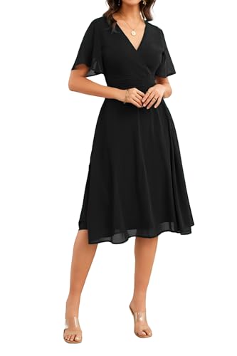 Ystguic Elegant Summer Chiffon Wrap V Neck Short Sleeves Aline Dresses for Seniors Ladies Formal Wedding Guest Dress Plus Size XX-Large 034 Black 2XL