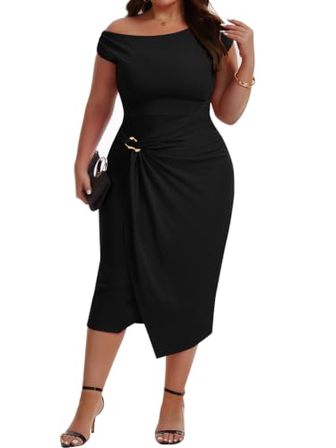 Charming Ashley Women's Plus Size Off The Shoulder Slimming Midi Dress