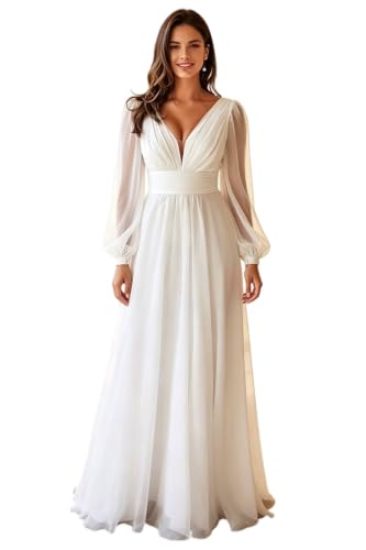 Wedding Dress with Train Floor Length A Line Bridal Gowns for Women Summer Chiffon Backless Bride Dresses Elegant V Neck Boho Beach Wedding Gowns Long Sleeve Formal Bridal Dress White US12