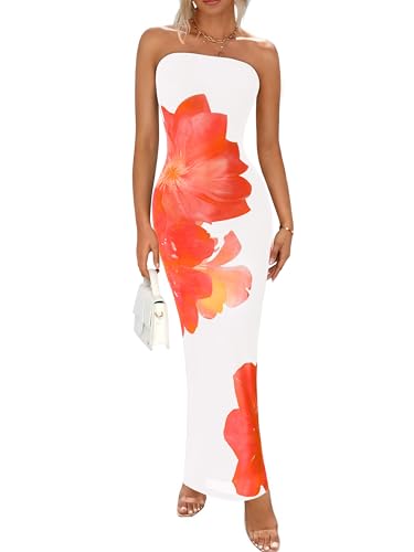 PRETTYGARDEN Women Summer Strapless Maxi Dress Tube Floral Bodycon Dresses | Sexy Mesh Long Dress with Back Slit, Formal Cocktail Party Wedding Guest Dresses, Cute Date Night Beach Vacation Dress