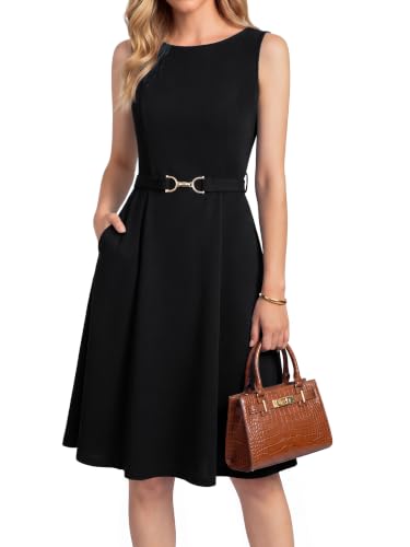 Simplee Womens Business Casual Work Dress Belted A Line Sleeveless Dress