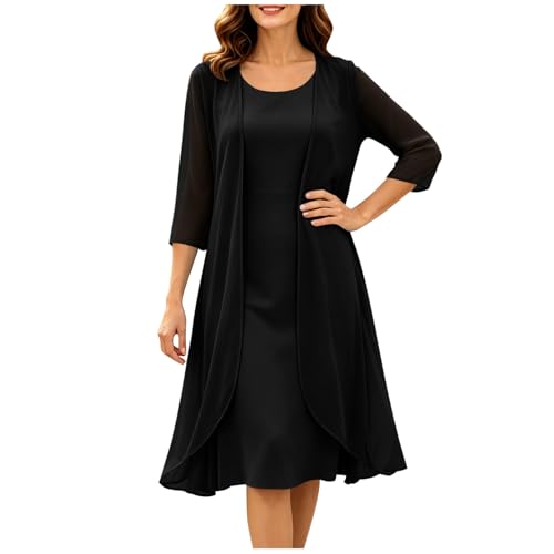 Women Formal Dress 2 Piece Outfit Chiffon Cardigan Party Dress Set Black