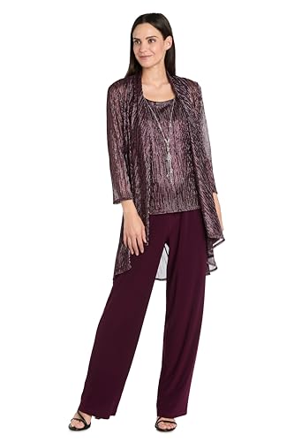 R&M Richards Women's 3-Piece Crinkle Pant Set | Duster Jacket, Straight Pants & Tank Top W/Necklace - Elegant Evening Outfit