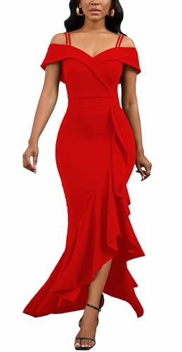TDiooCor Womens Semi Red Formal Wedding Guest Dress - Elegant Bodycon Flowy Gown Long Evening Prom Party Dresses