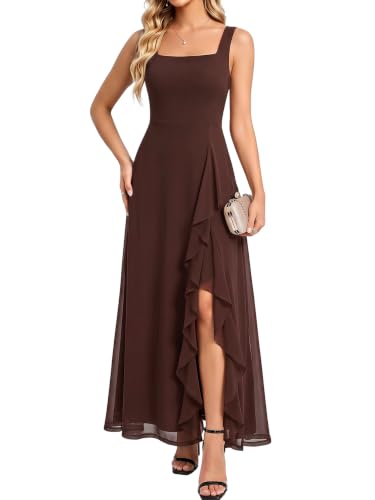 KUTUMAI Ruffle Split Elegant Long Formal Wedding Guest Dress for Women | Square Neck, Stretchy Mesh, Flowy A Line Maxi Dresses for 2026 Cocktail Bridesmaid Evening Party Holiday