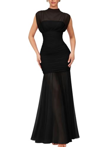 LAGSHIAN Women's Sleeveless Mesh High Neck Ruched Cocktail Maxi Dress Black