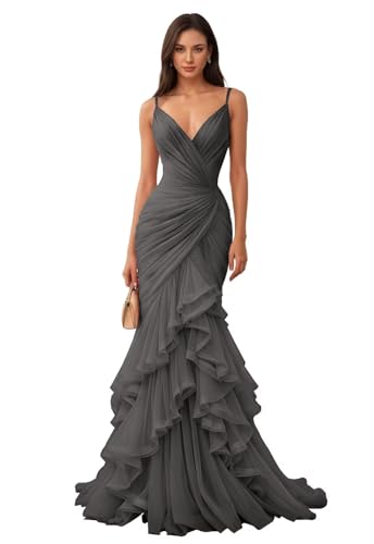 Spaghetti Strap Formal Evening Party Gown Long Tulle Prom Dress Steel-Grey