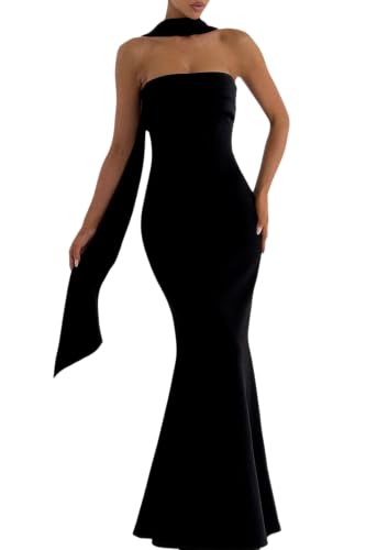 Nxtwill Women's Bodycon Formal Strapless Tube Maxi Dress with Scarf Black