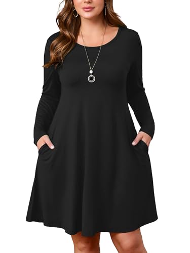 AusLook Women's Plus Size Long Sleeve Dress Above Knee A-Line Swing Flowy with 2 Side Pockets Crew Neck Casual Fall Work Wedding Guest Black 2X