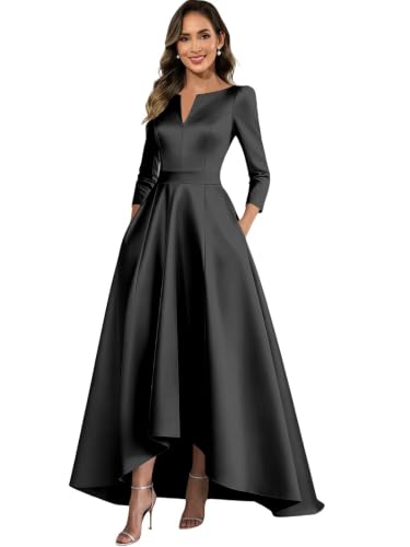 Hjrqda Satin Mother of the Bride Dresses for Women Black Long Sleeves Fall Formal Evening Gown with Pocket US16