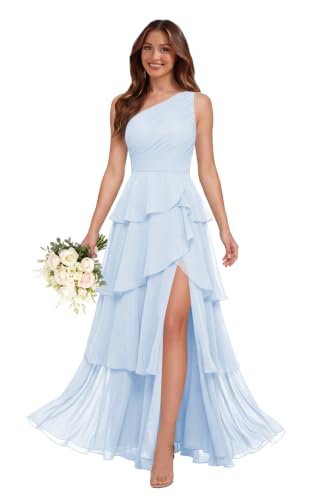 ieonoa Baby Blue One Shoulder Tiered Chiffon Slit Bridesmaid Dresses