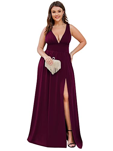Ever-Pretty Women's Sexy Floor Length Bridesmaid Dresses Pleated A Line Plus Size Formal Wedding Guest Dress for Curvy Women Mulberry US16