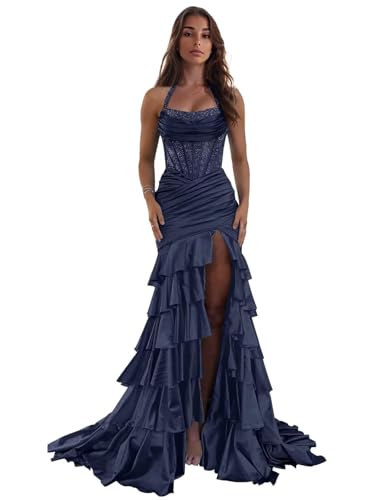 NDMAVOA Women's Halter Prom Dresses Satin Mermaid Tiered Ruffle Sparkly Long Formal Cocktail Evening Party Gown nb 2 Navy Blue