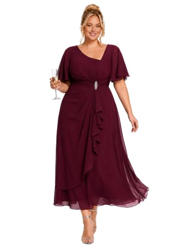 Ever-Pretty Plus Women's Chiffon Maxi Plus Size Formal Cocktail Dress | Short Sleeve, A-Line, Plus Size Evening Dress, Plus Size Mother of Bride Dresses, Burgundy US20
