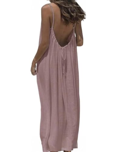 D.Yi Backless Dress Sunshine Grove Midi Summer Dress Womens Summer Casual Sleeveless Dresses for Beach 2025 Vacation V Neck Tshirt Spaghetti Strap Loose Fit Sundress Pink