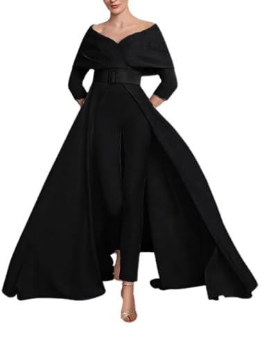 Off Shoulder Two Piece Jumpsuit Mother of The Bride Dresses for Women Ankle Length Satin Elegant Formal Evening Dress for Women Black Size 16