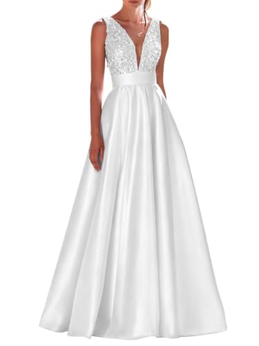 Liopus White Sequin Prom Dress Long V Neck Satin Formal Gown US8