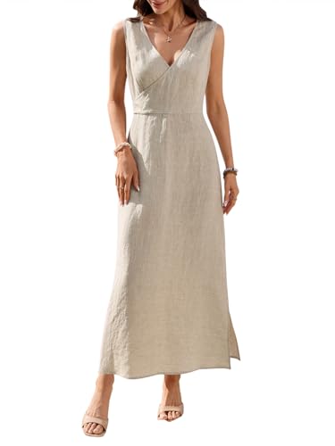 vinglam Women's 100% Linen Maxi Dress Wrap V Neck Sleeveless 2026 Summer Trendy Split Dresses