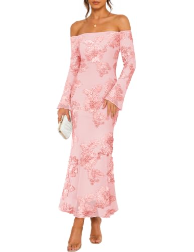 ZESICA Women's Fall Off Shoulder Floral Wedding Guest Maxi Dresses Pink M | Boydcon Long Sleeve, Fully Lined, Cocktail Party, Formal, Bridesmaid, Evening, Date Night, Baby Shower, 2026 Fashion Clothes