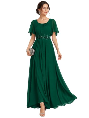 Ever-Pretty Women's Applique Chiffon Formal Wedding Guest Dresses | Round Neck, Pleated, Short Sleeves, Evening Gown, Formal Wedding Guest Dress Dark Green US12