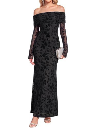 KUTUMAI Women Off Shoulder Long Sleeve Maxi Formal Wedding Guest Dress | Fall Elegant Bodycon Dresses for Bridesmaid Cocktail Party Prom
