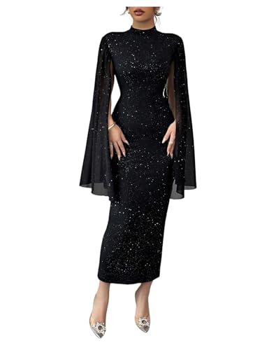 Floerns Women's Sparkly Long Dress Slit Long Sleeve Party Cocktail Bodycon Dress Black Medium