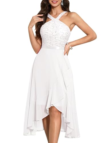 Bbonlinedress Sequin White Wedding Dress Formal Chiffon Bride Bridal Shower Halter Hi Lo Cocktail Prom Graduation Dress for Women White L