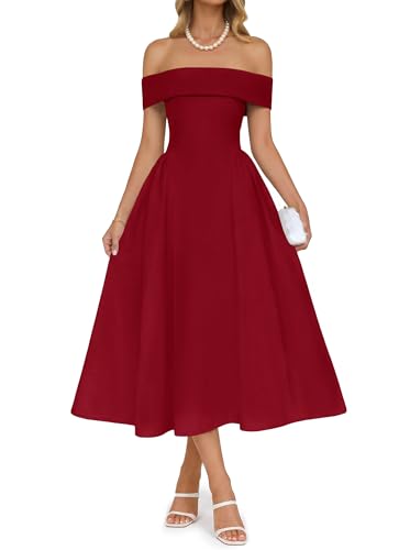 Wenrine Womens 2026 Summer Cocktail Dresses Off Shoulder Short Sleeve Swing A Line Elegant Wedding Evening Party Midi Dress Burgundy
