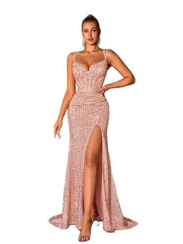 PHIRIZLE Women's Sequin Spaghetti Strap Mermaid Gown - High Slit Formal Dress with Lace-Up Back for Prom & Wedding Guest Baby Pink