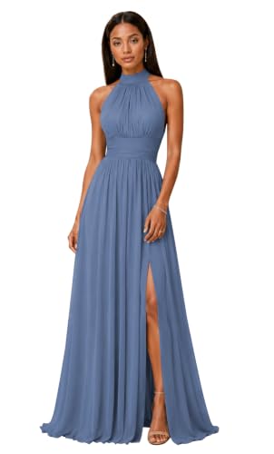 Demgoex Halter Neck Chiffon Bridesmaid Dress with Slit Steel Blue 14