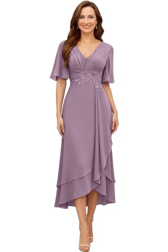 KISSMELIFE Modest Mother of The Groom Dresses Summer A Line Chiffon Wedding Guest Dress Wisteria Evening Dress with Sleeves US 8 KM001