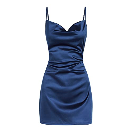 ZAFUL Women's Satin Sleeveless Spaghetti Strap Mini Dress Sexy Slip Cowl Neck Silky Cocktail Party Dresses(Navy Blue-F, S)