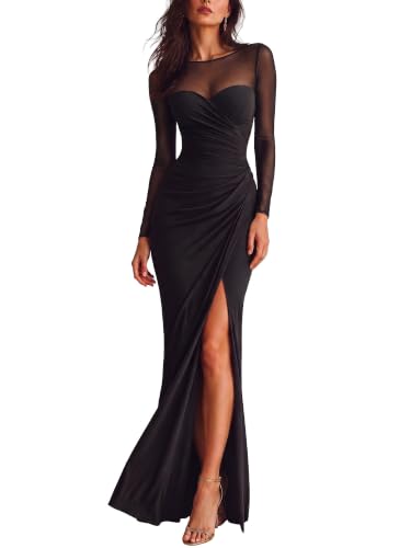 PeoKia Womens Fall Mesh Long Sleeve Wedding Guest Maxi Dresses Black M