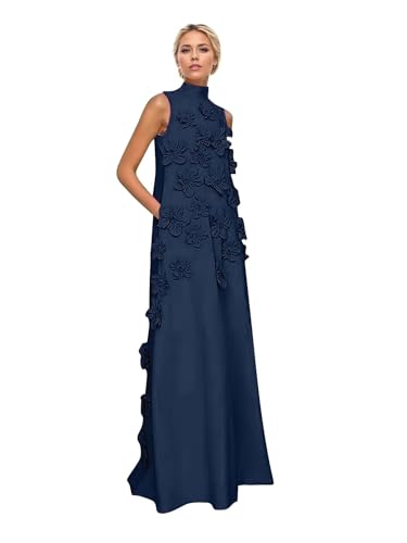 RYANTH Navy Blue Satin Long Mother of The Groom Dresses for Women 3D Flower Applique Elegant Formal Evening Gowns Long A Line Wedding Guest Dress with Pockets Size 12
