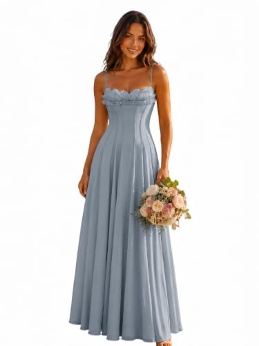 EDECPBM Long Chiffon Bridesmaid Dress Sweetheart Corset Ruffle A-Line Wedding Guest Dress Dusty Blue US04