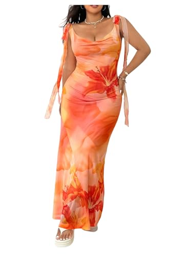 Floerns Women's Plus Size Floral Tie Shoulder Wedding Guest Maxi Dresses | Bodycon, Cowl Neck Dress, Plus Size Sundresses, Tropical Dress, Vacation, Beach, Orange, X-Large Plus