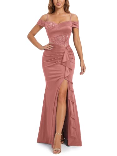 Miusol Women's Off Shoulder Lace Cross Sequin Design Formal Maxi Dress