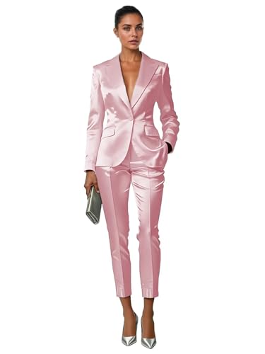 Elegant Long Sleeve 1 Button Satin Blazer Pant Suit Bridesmaid Outfit Pink