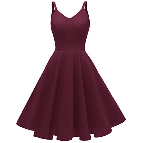 GOOBGS Women's Vintage Spaghetti Strap Cocktail Dresses Burgundy L | Sleeveless V-neck with Pockets, A-line High Waist, Prom Party Dress for Women, Date Night Outfits, Casual Work Clothes