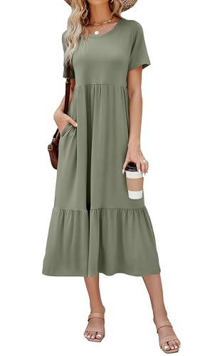 Summer Dresses for Women Flowy Maxi Sundress Army Green | Short Sleeve, Tiered, Beach Dress, with Pockets, 2026 Vacation Travel