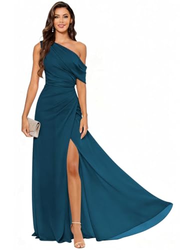 Djkvmd One Shoulder Bridesmaid Dresses with Slit Chiffon Ruched Peacock Wedding Guest Maxi Dress Size10