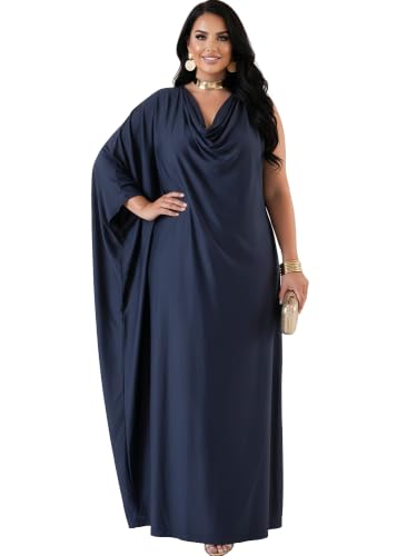 KOH KOH Womens Long Cowl Neck Grecian Goddess Single Sleeve Elegant Evening Wedding Guest Bridesmaid Bridal Party Flowy Maxi Dress Dresses Gown Gowns, Dark Navy Blue M 8-10