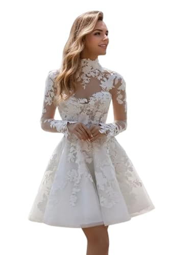 Seabinayed Lace Applique White Short Wedding Dresses for Bride A-Line High Neck Long Sleeve Boho Wedding Dress Beach Tulle Simple Bridal Gown US6