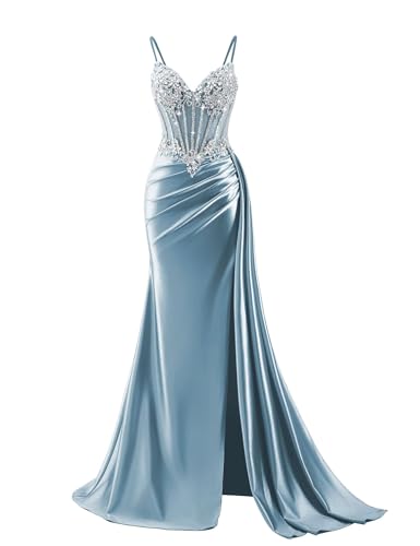 Dusty Blue Women's Satin Beaded Prom Dress Mermaid Formal Dress