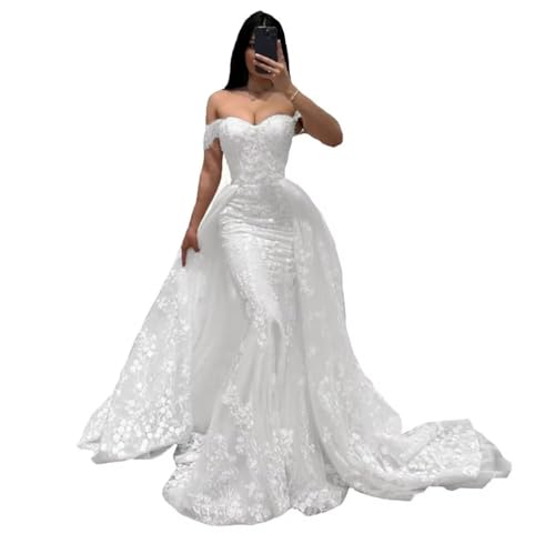 Romantic Lace Mermaid Wedding Dresses with Over Skirt Bride Off The Shoulder Bridal Evening Gowns White 10