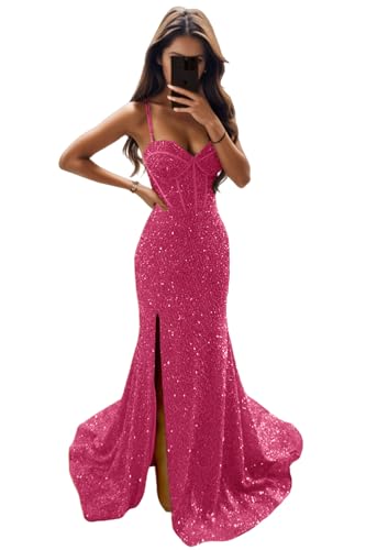 Sevintage Hot Pink Mermaid Prom Dress Sequin Slit Long Wrap Spaghetti Strap Women Floor Length Formal Evening Gown for Wedding Party US2