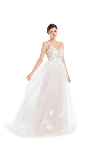 Sorayan Women's Wedding Dresses Appliques Boho Beach Sexy Spaghetti Straps Lace Bridal Gowns Open Back (6,Photo Color)