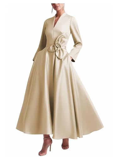 Classy Tea Length Mother of The Bride Dresses for Women Champagne Formal A Line Flowy Pleated Satin Long Sleeve Wedding Guest Dress with Pockets Elegant Evening Gown with Flower US8